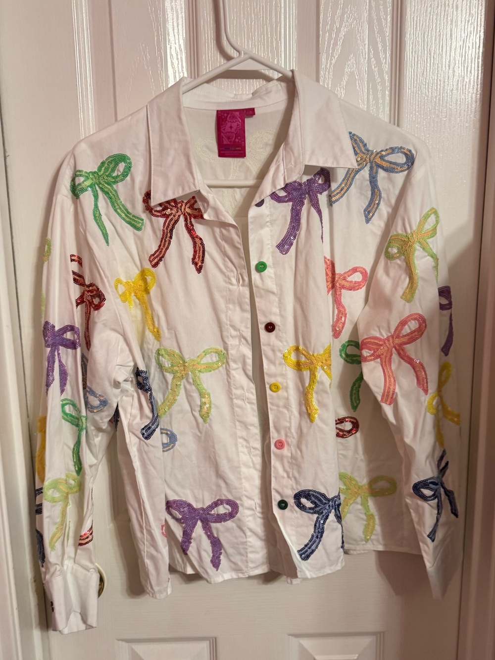 Queen of Sparkles White Button-Up Shirt with Colorful Bow Embroidery
